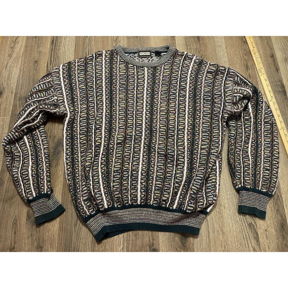 Bachrach Sweater, Women's Size Large, Green White Pink, Knit, Pullover, Vintage
